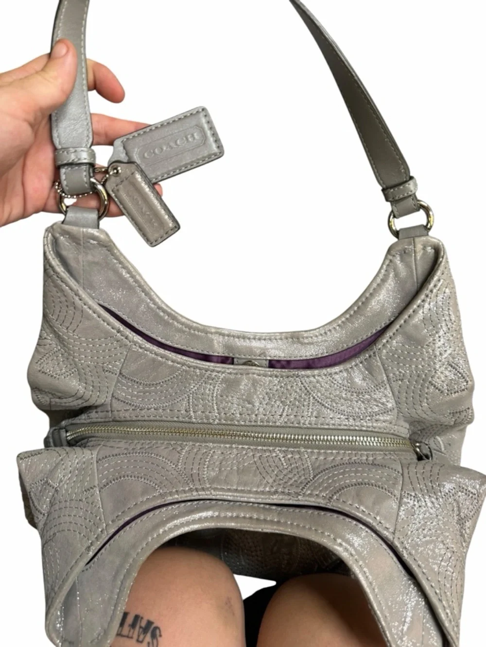 Coach Madison Maggie Shoulder Bag Silver Gray Leather